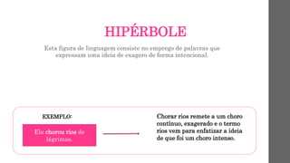 HIPÉRBOLE
Esta figura de linguagem consiste no emprego de palavras que
expressam uma ideia de exagero de forma intencional.
EXEMPLO:
Ela chorou rios de
lágrimas.
Chorar rios remete a um choro
contínuo, exagerado e o termo
rios vem para enfatizar a ideia
de que foi um choro intenso.
 