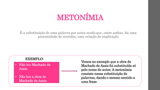 METONÍMIA
É a substituição de uma palavra por outra sendo que, entre ambas, há uma
proximidade de sentidos, uma relação de implicação
EXEMPLO:
• Não leu Machado de
Assis.
• Não leu a obra de
Machado de Assis.
Vemos no exemplo que a obra de
Machado de Assis foi substituída só
pelo nome do autor. A metonímia
consiste nessa substituição de
palavras, dando o mesmo sentido a
uma frase.
 