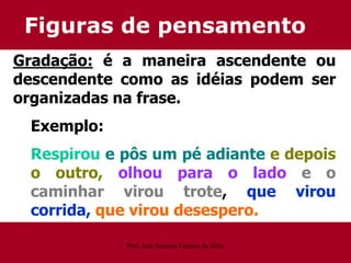 Figuras de pensamento
Gradação: é a maneira ascendente ou
descendente como as idéias podem ser
organizadas na frase.
Exemplo:
Respirou e pôs um pé adiante e depois
o outro, olhou para o lado e o
caminhar virou trote, que virou
corrida, que virou desespero.
Prof. José Antonio Ferreira da Silva
 