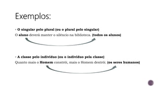  O singular pelo plural (ou o plural pelo singular)
O aluno deverá manter o silêncio na biblioteca. (todos os alunos)
A classe pelo indivíduo (ou o indivíduo pela classe)
Quanto mais o Homem constrói, mais o Homem destrói. (os seres humanos)
