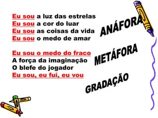 Eu sou a luz das estrelas
Eu sou a cor do luar
Eu sou as coisas da vida
Eu sou o medo de amar
Eu sou o medo do fraco
A força da imaginação
O blefe do jogador
Eu sou, eu fui, eu vou
 