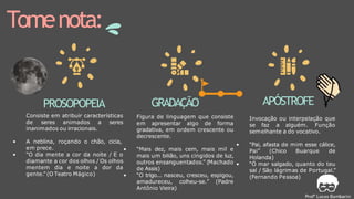 Tomenota:
PROSOPOPEIA
Consiste em atribuir características
de seres animados a seres
inanimados ou irracionais.
• A neblina, roçando o chão, cicia,
em prece.
• “O dia mente a cor da noite / E o
diamante a cor dos olhos / Os olhos
mentem dia e noite a dor da
gente.” (O Teatro Mágico)
GRADAÇÃO
Figura de linguagem que consiste
em apresentar algo de forma
gradativa, em ordem crescente ou
decrescente.
• “Mais dez, mais cem, mais mil e
mais um bilião, uns cingidos de luz,
outros ensanguentados.” (Machado
de Assis)
• “O trigo... nasceu, cresceu, espigou,
amadureceu, colheu-se.” (Padre
Antônio Vieira)
APÓSTROFE
Invocação ou interpelação que
se faz a alguém. Função
semelhante a do vocativo.
• “Pai, afasta de mim esse cálice,
Pai” (Chico Buarque de
Holanda)
• “Ó mar salgado, quanto do teu
sal / São lágrimas de Portugal.”
(Fernando Pessoa)
 