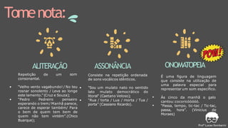 Tomenota:
som
ALITERAÇÃO
Repetição de um
consonantal.
• “Velho vento vagabundo! / No teu
rosnar sonolento / Leva ao longe
este lamento.” (Cruz e Souza);
• “Pedro Pedreiro penseiro
esperando o trem/ Manhã parece,
carece de esperar também/ Para
o bem de quem tem bem de
quem não tem vintém”.(Chico
Buarque);
ASSONÂNCIA
Consiste na repetição ordenada
de sons vocálicos idênticos.
• "Sou um mulato nato no sentido
lato mulato democrático do
litoral" (Caetano Veloso);
• “Rua / torta / Lua / morta / Tua /
porta” (Cassiano Ricardo).
ONOMATOPEIA
É uma figura de linguagem
que consiste na utilização de
uma palavra especial para
representar um som específico.
• Às cinco da manhã o galo
cantou:cocoricóóóóó.
• “Passa, tempo, tic-tac / Tic-tac,
passa, hora”. (Vinicius de
Moraes)
 