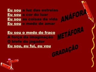 Eu sou  a luz das estrelas Eu sou  a cor do luar Eu sou  as coisas da vida Eu sou  o medo de amar Eu sou o medo do fraco A força da imaginação O blefe do jogador Eu sou, eu fui, eu vou ANÁFORA METÁFORA GRADAÇÃO 