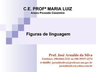 Figuras de linguagemFiguras de linguagem
C.E. PROFª MARIA LUIZC.E. PROFª MARIA LUIZ
Anexo Povoado CassimiroAnexo Povoado Cassimiro
Prof. José Arnaldo da Silva
Telefones: (98)3664-2231 ou (98) 99157-2274
e-mails: jarnaldosilva@professor.ma.gov.br
jarnaldosilva@yahoo.com.br
 
