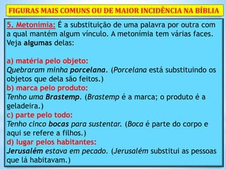 5. Metonímia: É a substituição de uma palavra por outra com
a qual mantém algum vínculo. A metonímia tem várias faces.
Veja algumas delas:
a) matéria pelo objeto:
Quebraram minha porcelana. (Porcelana está substituindo os
objetos que dela são feitos.)
b) marca pelo produto:
Tenho uma Brastemp. (Brastemp é a marca; o produto é a
geladeira.)
c) parte pelo todo:
Tenho cinco bocas para sustentar. (Boca é parte do corpo e
aqui se refere a filhos.)
d) lugar pelos habitantes:
Jerusalém estava em pecado. (Jerusalém substitui as pessoas
que lá habitavam.)
FIGURAS MAIS COMUNS OU DE MAIOR INCIDÊNCIA NA BÍBLIA
 