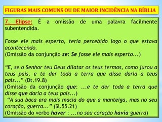 7. Elipse: É a omissão de uma palavra facilmente
subentendida.
Fosse ele mais esperto, teria percebido logo o que estava
acontecendo.
(Omissão da conjunção se: Se fosse ele mais esperto...)
“E, se o Senhor teu Deus dilatar os teus termos, como jurou a
teus pais, e te der toda a terra que disse daria a teus
pais...” (Dt.19.8)
(Omissão da conjunção que: ...e te der toda a terra que
disse que daria a teus pais...)
“A sua boca era mais macia do que a manteiga, mas no seu
coração, guerra...” (Sl.55.21)
(Omissão do verbo haver : ...no seu coração havia guerra)
FIGURAS MAIS COMUNS OU DE MAIOR INCIDÊNCIA NA BÍBLIA
 