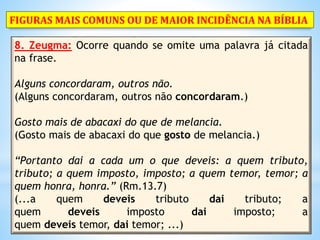 8. Zeugma: Ocorre quando se omite uma palavra já citada
na frase.
Alguns concordaram, outros não.
(Alguns concordaram, outros não concordaram.)
Gosto mais de abacaxi do que de melancia.
(Gosto mais de abacaxi do que gosto de melancia.)
“Portanto dai a cada um o que deveis: a quem tributo,
tributo; a quem imposto, imposto; a quem temor, temor; a
quem honra, honra.” (Rm.13.7)
(...a quem deveis tributo dai tributo; a
quem deveis imposto dai imposto; a
quem deveis temor, dai temor; ...)
FIGURAS MAIS COMUNS OU DE MAIOR INCIDÊNCIA NA BÍBLIA
 