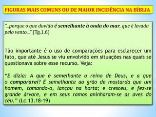 “...porque o que duvida é semelhante à onda do mar, que é levada
pelo vento...” (Tg.1.6)
Tão importante é o uso de comparações para esclarecer um
fato, que até Jesus se viu envolvido em situações nas quais se
questionava sobre esse recurso. Veja:
“E dizia: A que é semelhante o reino de Deus, e a que
o compararei? É semelhante ao grão de mostarda que um
homem, tomando-o, lançou na horta; e cresceu, e fez-se
grande árvore, e em seus ramos aninharam-se as aves do
céu.” (Lc.13.18-19)
FIGURAS MAIS COMUNS OU DE MAIOR INCIDÊNCIA NA BÍBLIA
 