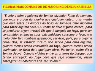 “E veio a mim a palavra do Senhor dizendo: Filho do homem,
que mais é o pau da videira que qualquer outro, o sarmento
que está entre as árvores do bosque? Toma-se dele madeira
para fazer alguma obra? Ou toma-se dele alguma estaca, para
se pendurar algum traste? Eis que é lançado no fogo, para ser
consumido; ambas as suas extremidades consome o fogo, e o
meio dele fica também queimado; serviria, pois, para alguma
obra? Ora, se estando inteiro não servia para obra alguma,
quanto menos sendo consumido do fogo, quanto menos sendo
queimado, se faria dele qualquer obra. Portanto, assim diz o
Senhor Jeová: Como a videira entre as árvores do bosque, que
tenho entregado ao fogo para que seja consumida, assim
entregarei os habitantes de Jerusalém.”
FIGURAS MAIS COMUNS OU DE MAIOR INCIDÊNCIA NA BÍBLIA
 