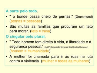 A parte pelo todo.
• " o bonde passa cheio de pernas." (Drummond)
(pernas = pessoas)
• São muitas as famílias que procuram um teto
para morar. (teto = casa)
O singular pelo plural.
• " Todo homem tem direito à vida, à liberdade e à
segurança pessoal.“ (Art.3º-Declaração Universal dos Direitos Humanos)
(homem = Humanidade)
• A mulher foi chamada para ir às ruas na luta
contra a violência. (mulher = todas as mulheres)
 