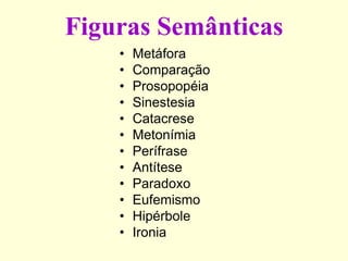 Figuras Semânticas
• Metáfora
• Comparação
• Prosopopéia
• Sinestesia
• Catacrese
• Metonímia
• Perífrase
• Antítese
• Paradoxo
• Eufemismo
• Hipérbole
• Ironia
 