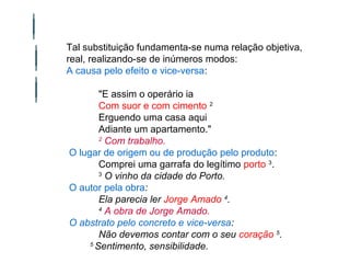 Tal substituição fundamenta-se numa relação objetiva, 
real, realizando-se de inúmeros modos: 
A causa pelo efeito e vice-versa: 
"E assim o operário ia 
Com suor e com cimento 2 
Erguendo uma casa aqui 
Adiante um apartamento." 
2 Com trabalho. 
O lugar de origem ou de produção pelo produto: 
Comprei uma garrafa do legítimo porto 3. 
3 O vinho da cidade do Porto. 
O autor pela obra: 
Ela parecia ler Jorge Amado 4. 
4 A obra de Jorge Amado. 
O abstrato pelo concreto e vice-versa: 
Não devemos contar com o seu coração 5. 
5 Sentimento, sensibilidade. 
 