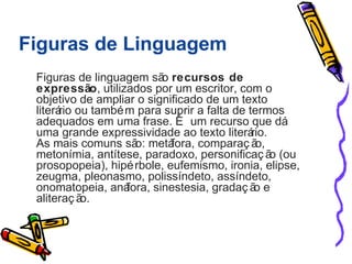 Figuras de Linguagem 
Figuras de linguagem são recursos de 
expressão, utilizados por um escritor, com o 
objetivo de ampliar o significado de um texto 
literário ou também para suprir a falta de termos 
adequados em uma frase. É um recurso que dá 
uma grande expressividade ao texto literário. 
As mais comuns são: metáfora, comparaç ão, 
metonímia, antítese, paradoxo, personificaç ão (ou 
prosopopeia), hipérbole, eufemismo, ironia, elipse, 
zeugma, pleonasmo, polissíndeto, assíndeto, 
onomatopeia, anáfora, sinestesia, gradaç ão e 
aliteraç ão. 
 