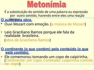 É a substituição do sentido de uma palavra ou expressão
por outro sentido, havendo entre eles uma reação
lógica.
O autor pela obra.
• Ouvi Mozart com emoção. (a música de Mozart)
• Leio Graciliano Ramos porque ele fala da
realidade brasileira.
(obra de Graciliano Ramos)
O continente (o que contém) pelo conteúdo (o que
está contido).
• Ele comemorou tomando um copo de caipirinha.
(Continente: um copo; Conteúdo: caipirinha contida
no copo)
 