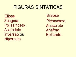 FIGURAS SINTÁTICAS
Elipse
Zeugma
Polissíndeto
Assíndeto
Inversão ou
Hipérbato

Silepse
Pleonasmo
Anacoluto
Anáfora
Epístrofe

 