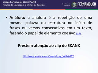 • Anáfora: a anáfora é a repetição de uma
mesma palavra ou estrutura no início de
frases ou versos consecutivos em um texto,
fazendo o papel de elemento coesivo (15).
Prestem atenção ao clip do SKANK
Língua Portuguesa, Série 2º ANO
Figuras de Linguagem e Efeitos de Sentido
http://www.youtube.com/watch?v=y_V43vjYt9Y
 