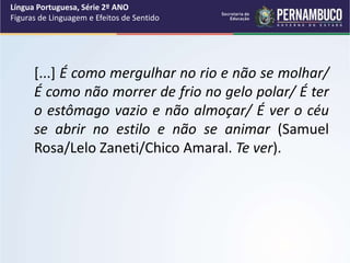 [...] É como mergulhar no rio e não se molhar/
É como não morrer de frio no gelo polar/ É ter
o estômago vazio e não almoçar/ É ver o céu
se abrir no estilo e não se animar (Samuel
Rosa/Lelo Zaneti/Chico Amaral. Te ver).
Língua Portuguesa, Série 2º ANO
Figuras de Linguagem e Efeitos de Sentido
 