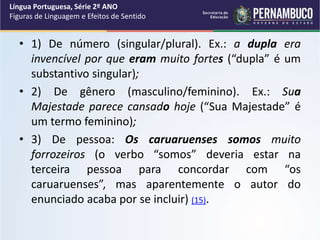 • 1) De número (singular/plural). Ex.: a dupla era
invencível por que eram muito fortes (“dupla” é um
substantivo singular);
• 2) De gênero (masculino/feminino). Ex.: Sua
Majestade parece cansado hoje (“Sua Majestade” é
um termo feminino);
• 3) De pessoa: Os caruaruenses somos muito
forrozeiros (o verbo “somos” deveria estar na
terceira pessoa para concordar com “os
caruaruenses”, mas aparentemente o autor do
enunciado acaba por se incluir) (15).
Língua Portuguesa, Série 2º ANO
Figuras de Linguagem e Efeitos de Sentido
 