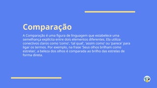 Comparação
A Comparação é uma figura de linguagem que estabelece uma
semelhança explícita entre dois elementos diferentes. Ela utiliza
conectivos claros como 'como', 'tal qual', 'assim como' ou 'parece' para
ligar os termos. Por exemplo, na frase 'Seus olhos brilham como
estrelas', a beleza dos olhos é comparada ao brilho das estrelas de
forma direta.
 