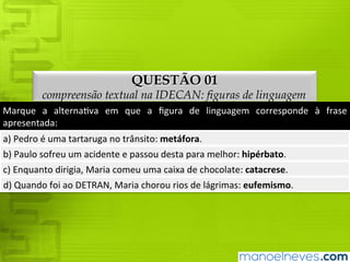 QUESTÃO 01
compreensão textual na IDECAN: figuras de linguagem
Marque	 a	 alternativa	 em	 que	 a	 figura	 de	 linguagem	 corresponde	 à	 frase	
apresentada:
a)	Pedro	é	uma	tartaruga	no	trânsito:	metáfora.
b)	Paulo	sofreu	um	acidente	e	passou	desta	para	melhor:	hipérbato.
c)	Enquanto	dirigia,	Maria	comeu	uma	caixa	de	chocolate:	catacrese.
d)	Quando	foi	ao	DETRAN,	Maria	chorou	rios	de	lágrimas:	eufemismo.
 