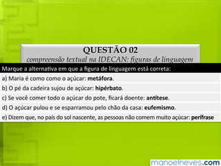 QUESTÃO 02
compreensão textual na IDECAN: figuras de linguagem
Marque	a	alternativa	em	que	a	figura	de	linguagem	está	correta:
a)	Maria	é	como	como	o	açúcar:	metáfora.
b)	O	pé	da	cadeira	sujou	de	açúcar:	hipérbato.
c)	Se	você	comer	todo	o	açúcar	do	pote,	ficará	doente:	antítese.
d)	O	açúcar	pulou	e	se	esparramou	pelo	chão	da	casa:	eufemismo.
e)	Dizem	que,	no	país	do	sol	nascente,	as	pessoas	não	comem	muito	açúcar:	perífrase
 