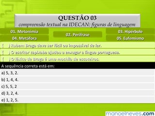 QUESTÃO 03
compreensão textual na IDECAN: figuras de linguagem
02.	Perífrase
01.	Metonímia 03.	Hipérbole
04.	Metáfora 05.	Eufemismo
(					)	Rubem	Braga	deve	ser	fácil	ou	impossível	de	ler.
(					)	O	escritor	capixaba	ajudou	a	enxugar	a	língua	portuguesa.
(					)	O	léxico	de	Braga	é	uma	mochila	de	escoteiros.
A	sequência	correta	está	em:
a)	5,	3,	2.
b)	1,	4,	4.
c)	5,	5,	2
d)	3,	2,	4.
e)	1,	2,	5.
 
