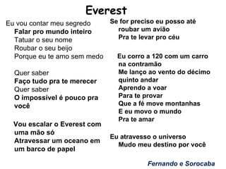 Everest
Eu vou contar meu segredo
Falar pro mundo inteiro
Tatuar o seu nome
Roubar o seu beijo
Porque eu te amo sem medo
Quer saber
Faço tudo pra te merecer
Quer saber
O impossível é pouco pra
você
Vou escalar o Everest com
uma mão só
Atravessar um oceano em
um barco de papel
Se for preciso eu posso até
roubar um avião
Pra te levar pro céu
Eu corro a 120 com um carro
na contramão
Me lanço ao vento do décimo
quinto andar
Aprendo a voar
Para te provar
Que a fé move montanhas
E eu movo o mundo
Pra te amar
Eu atravesso o universo
Mudo meu destino por você
Fernando e Sorocaba
 
