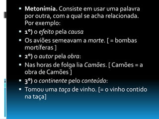  Metonímia. Consiste em usar uma palavra
por outra, com a qual se acha relacionada.
Por exemplo:
 1°) o efeito pela causa
 Os aviões semeavam a morte. [ = bombas
mortíferas ]
 2°) o autor pela obra:
 Nas horas de folga lia Camões. [ Camões = a
obra de Camões ]
 3°) o continente pelo conteúdo:
 Tomou uma taça de vinho. [= o vinho contido
na taça]
 