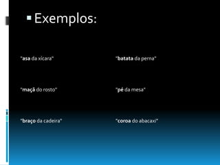 Exemplos:
"asa da xícara" "batata da perna"
"maçã do rosto" "pé da mesa"
"braço da cadeira" "coroa do abacaxi"
 
