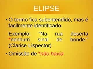 ELIPSE
● O termo fica subentendido, mas é
facilmente identificado.
Exemplo: “Na rua deserta
*nenhum sinal de bonde.”
(Clarice Lispector)
● Omissão de *não havia
 