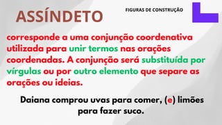 ASSÍNDETO
FIGURAS DE CONSTRUÇÃO
corresponde a uma conjunção coordenativa
utilizada para unir termos nas orações
coordenadas. A conjunção será substituída por
vírgulas ou por outro elemento que separe as
orações ou ideias.
Daiana comprou uvas para comer, (e) limões
para fazer suco.
 