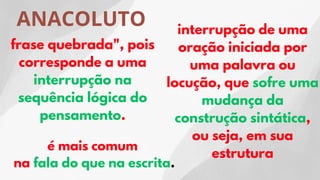 ANACOLUTO
frase quebrada", pois
corresponde a uma
interrupção na
sequência lógica do
pensamento.
interrupção de uma
oração iniciada por
uma palavra ou
locução, que sofre uma
mudança da
construção sintática,
ou seja, em sua
estrutura
é mais comum
na fala do que na escrita.
 