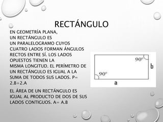 RECTÁNGULO 
EN GEOMETRÍA PLANA, 
UN RECTÁNGULO ES 
UN PARALELOGRAMO CUYOS 
CUATRO LADOS FORMAN ÁNGULOS 
RECTOS ENTRE SÍ. LOS LADOS 
OPUESTOS TIENEN LA 
MISMA LONGITUD. EL PERÍMETRO DE 
UN RECTÁNGULO ES IGUAL A LA 
SUMA DE TODOS SUS LADOS. P= 
2.B+2.A 
EL ÁREA DE UN RECTÁNGULO ES 
IGUAL AL PRODUCTO DE DOS DE SUS 
LADOS CONTIGUOS. A= A.B 
 