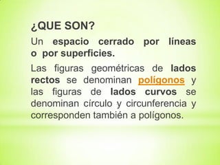 ¿QUE SON?
Un espacio cerrado por líneas
o por superficies.
Las figuras geométricas de lados
rectos se denominan polígonos y
las figuras de lados curvos se
denominan círculo y circunferencia y
corresponden también a polígonos.

 
