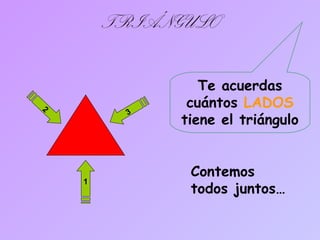 TRIÁNGULO
2
1
3
Te acuerdas
cuántos LADOS
tiene el triángulo
Contemos
todos juntos…
 