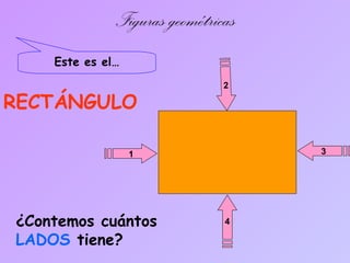 Figuras geométricas
Este es el…
¿Contemos cuántos
LADOS tiene?
2
1
4
3
RECTÁNGULO
 