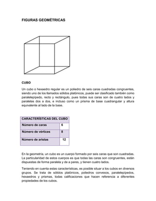 FIGURAS GEOMÉTRICAS
CUBO
Un cubo o hexaedro regular es un poliedro de seis caras cuadradas congruentes,
siendo uno de los llamados sólidos platónicos, puede ser clasificado también como
paralelepípedo, recto y rectángulo, pues todas sus caras son de cuatro lados y
paralelas dos a dos, e incluso como un prisma de base cuadrangular y altura
equivalente al lado de la base.
CARACTERÍSTICAS DEL CUBO
Número de caras 6
Número de vértices 8
Número de aristas 12
En la geometría, un cubo es un cuerpo formado por seis caras que son cuadradas.
La particularidad de estos cuerpos es que todas las caras son congruentes, están
dispuestas de forma paralela y de a pares, y tienen cuatro lados.
Teniendo en cuenta estas características, es posible situar a los cubos en diversos
grupos. Se trata de sólidos platónicos, poliedros convexos, paralelepípedos,
hexaedros y prismas, todas calificaciones que hacen referencia a diferentes
propiedades de los cubos.
 