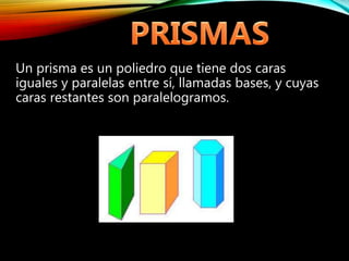 Un prisma es un poliedro que tiene dos caras
iguales y paralelas entre sí, llamadas bases, y cuyas
caras restantes son paralelogramos.
 