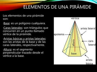 ELEMENTOS DE UNA PIRÁMIDE
Los elementos de una pirámide
son:
·Base: es un polígono cualquiera.
·Caras laterales: son triángulos que
concurren en un punto llamado
vértice de la pirámide.
·Aristas básicas y aristas laterales:
son las aristas de la base y de las
caras laterales, respectivamente.
·Altura: es el segmento
perpendicular trazado desde el
vértice a la base.
 