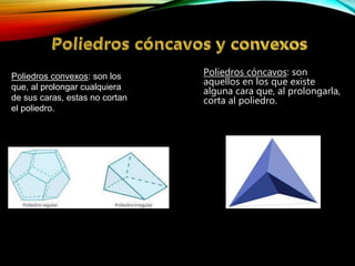 Poliedros cóncavos: son
aquellos en los que existe
alguna cara que, al prolongarla,
corta al poliedro.
Poliedros convexos: son los
que, al prolongar cualquiera
de sus caras, estas no cortan
el poliedro.
 