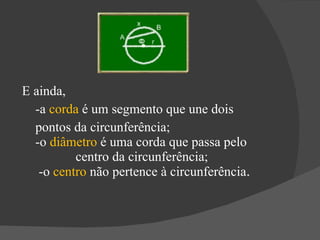 E ainda, -a  corda  é um segmento que une dois pontos da circunferência; -o  diâmetro  é uma corda que passa pelo  centro da circunferência;  -o  centro  não pertence à circunferência . 