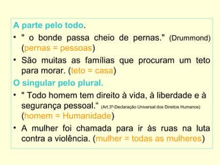 A parte pelo todo.
• " o bonde passa cheio de pernas." (Drummond)
(pernas = pessoas)
• São muitas as famílias que procuram um teto
para morar. (teto = casa)
O singular pelo plural.
• " Todo homem tem direito à vida, à liberdade e à
segurança pessoal.“ (Art.3º-Declaração Universal dos Direitos Humanos)
(homem = Humanidade)
• A mulher foi chamada para ir às ruas na luta
contra a violência. (mulher = todas as mulheres)

 