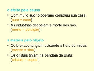 o efeito pela causa
• Com muito suor o operário construiu sua casa.
  (suor = casa)
• As industrias despejam a morte nos rios.
  (morte = poluição)

a matéria pelo objeto
• Os bronzes tangiam avisando a hora da missa:
  (bronze = sino)
• Os cristais tiniam na bandeja de prata.
  (cristais = copos)
 