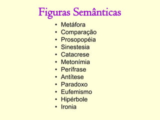 Figuras Semânticas
• Metáfora
• Comparação
• Prosopopéia
• Sinestesia
• Catacrese
• Metonímia
• Perífrase
• Antítese
• Paradoxo
• Eufemismo
• Hipérbole
• Ironia
 