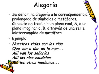 Alegoría Se denomina alegoría a la correspondencia prolongada de símbolos o metáforas. Consiste en traducir un plano real, A, a un plano imaginario, B, a través de una serie ininterrumpida de metáfora. Ejemplo: Nuestras vidas son los ríos Que van a dar en la mar... Allí van los señoríos Allí los ríos caudales Allí los otros medianos... 