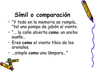 “Y todo en la memoria se rompía, ”tal una pompa de jabón al viento. “... la calle abierta  como  un ancho sueño... Eres  como  el viento tibio de los arenales. ...simple  como  una lámpara...” Símil o comparación   