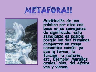 METAFORA!!Sustitución de una palabra por otra con base en su semejanza de significado; esta semejanza es posible porque los dos términos comparten un rasgo semántico común, ya sea la forma, la función, la materia, etc. Ejemplo: Murallas azules, olas, del África van y vienen.