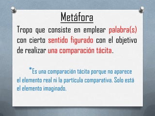 Metáfora
Tropo que consiste en emplear palabra(s)
con cierto sentido figurado con el objetivo
de realizar una comparación tácita.

     *Es una comparación tácita porque no aparece
el elemento real ni la partícula comparativa. Solo está
el elemento imaginado.
 