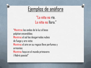 Ejemplos de anáfora
                       “La niña no ríe.
                      La niña no llora.”
“Mientras las ondas de la luz al beso
palpitan encendidas;
Mientras el sol las desgarradas nubes
de fuego y oro vista;
Mientras el aire en su regazo lleve perfumes y
armonías;
Mientras haya en el mundo primavera
¡ Habrá poesía!”
 